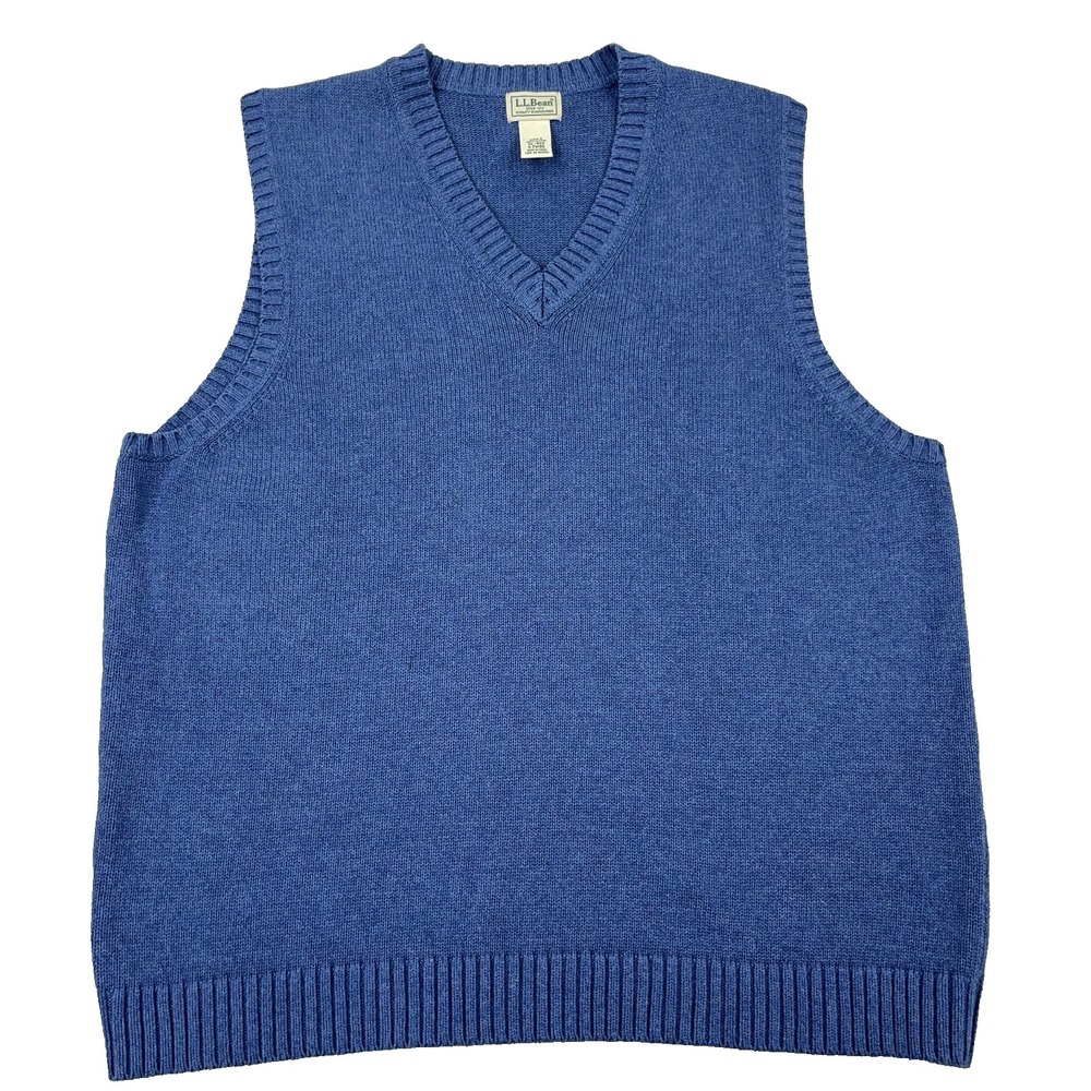 LL Bean Sweater Vest Men XL Blue V Neck Heavy Knit Ribbed Pullover Adult